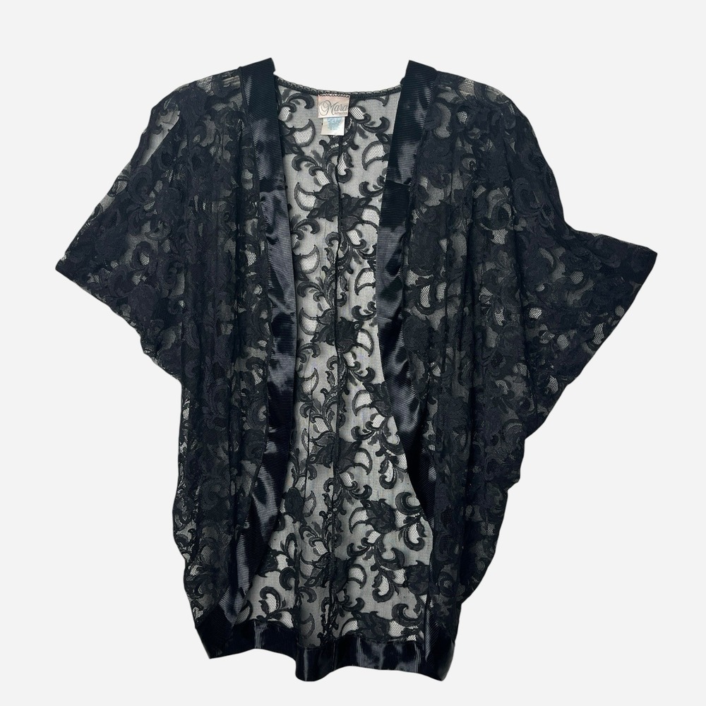 Vintage 80s Mara Intimates Black Satin‎ Lace Jacket Shawl Kimono Shrug One Size